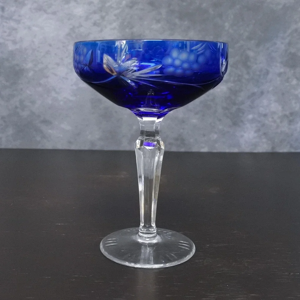 Vintage Crystal Cut To Clear Colorful Champagne Coupe Glasses Set
